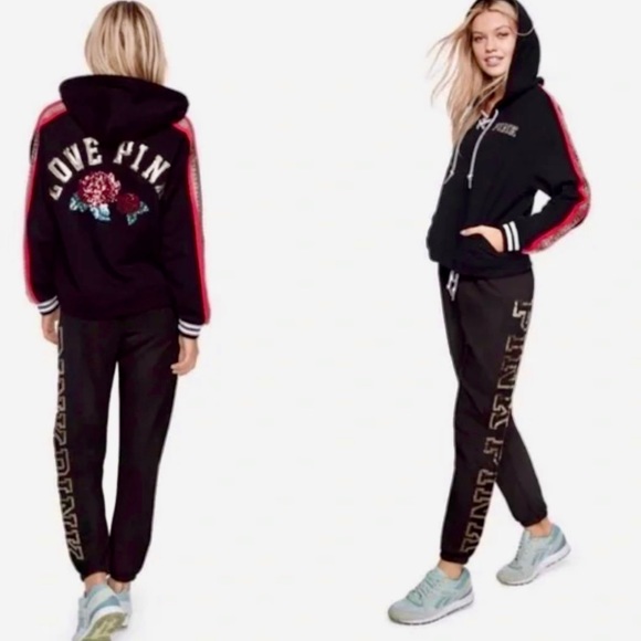 XS S M Vs Victoria’s Secret PINK Bling Red Roses Gold Sequins Pullover & pants